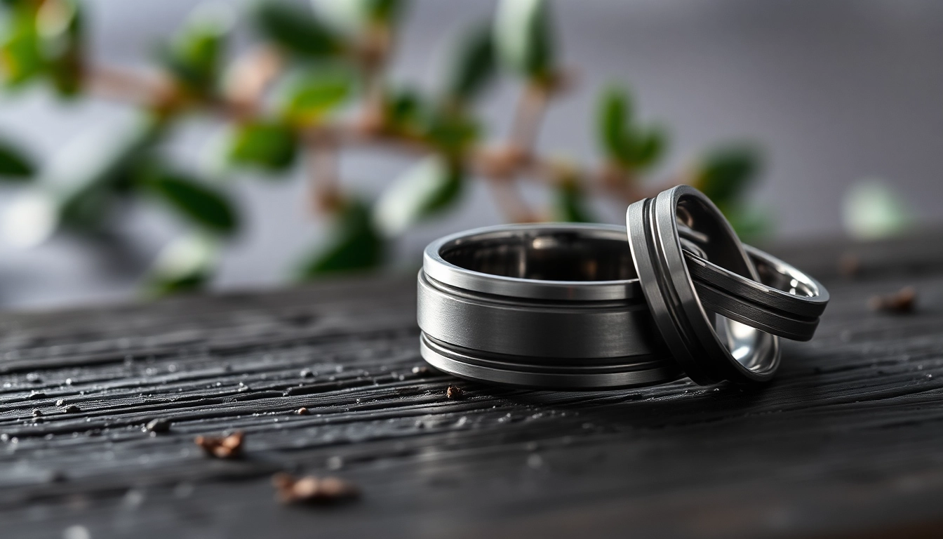 Showcase of Gunmetal Wedding Bands for Men highlighting sleek, modern designs on a stylish background.