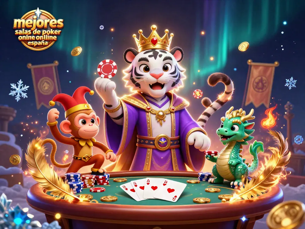 Visualiza las mejores salas de poker online España con un tigre, un mono y elementos de juego.