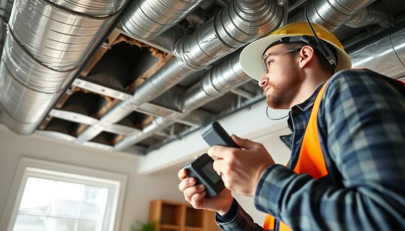 Inspecting havc duct leakage with technician detecting leaks in residential ductwork.