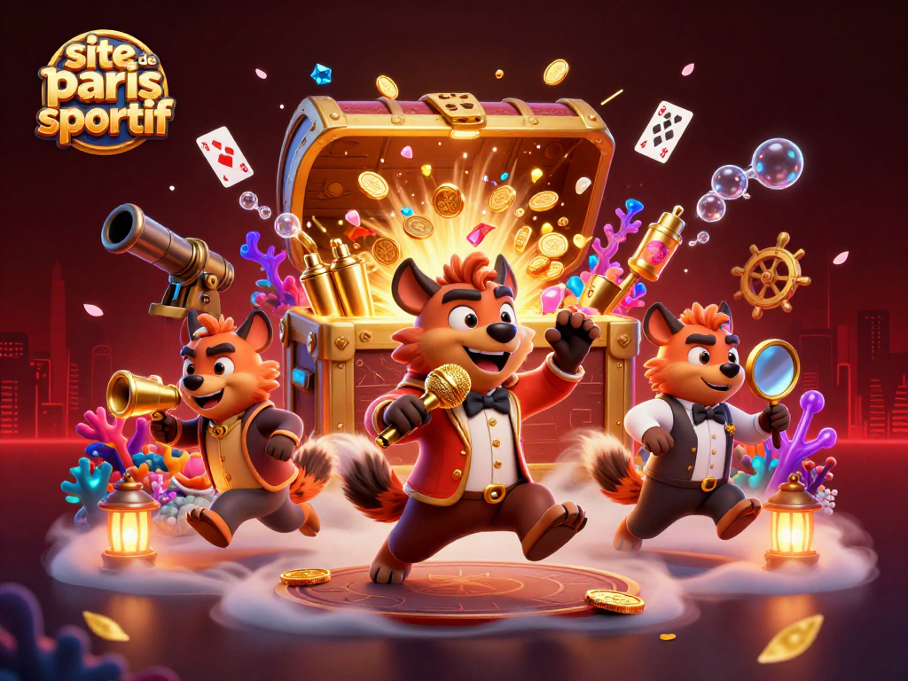 Jouer sur le site de paris sportif avec des hyènes dans un casino animé, entouré de trésors et de cartes flottantes.