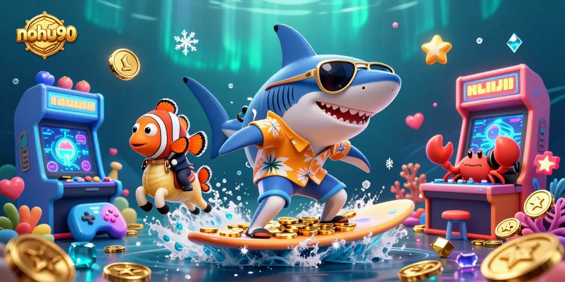 Experience the thrilling games at nohu90 with a lively shark, clownfish, and crab DJ in 3D!