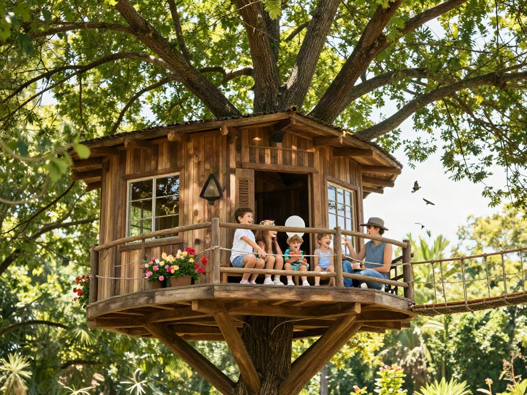 Family enjoying the tree house life, playing and relaxing in nature's beauty.