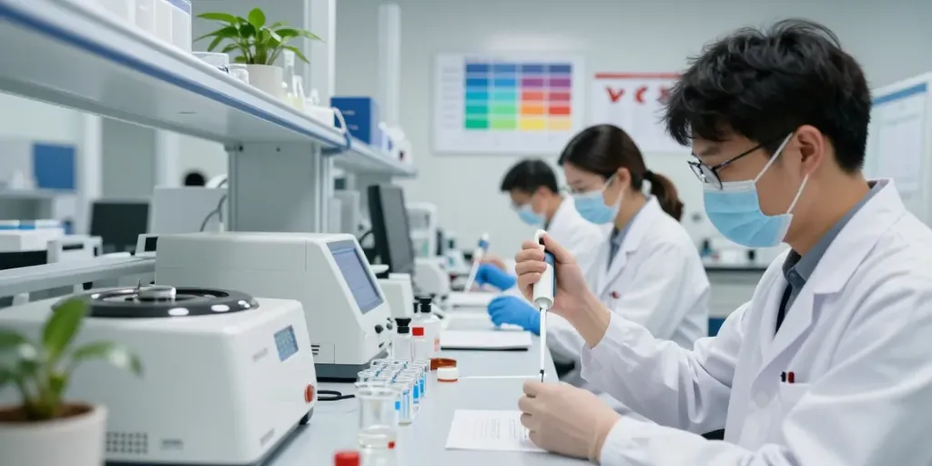 USA peptide supplier researchers analyzing peptide samples in a professional lab.