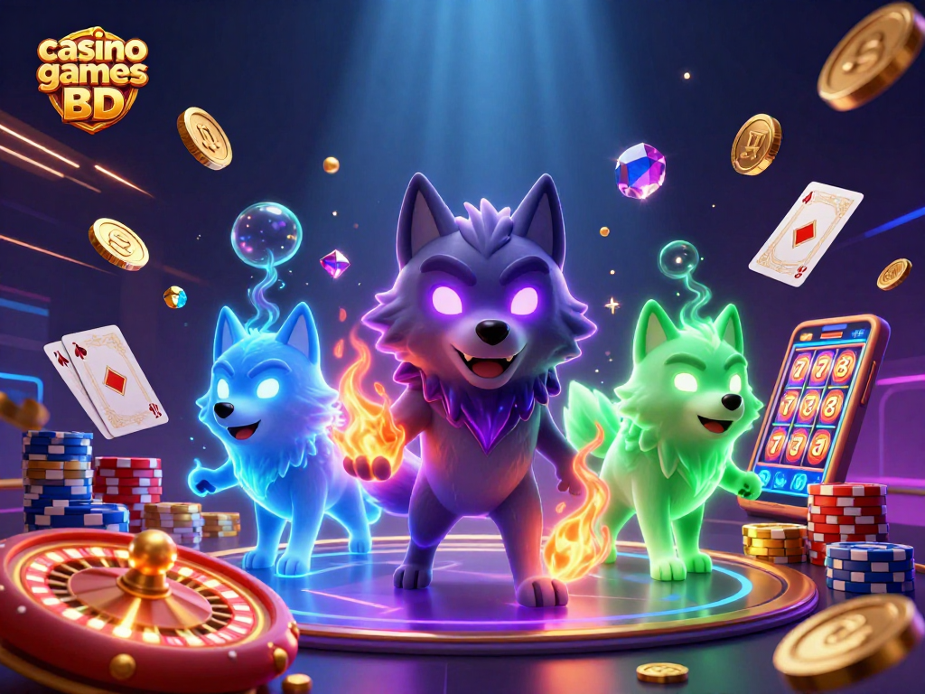 Cascading golden coins and 3D characters highlight casino games BD action and excitement.