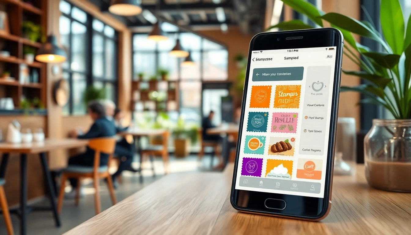 Collecting rewards with stampezee app in a modern café setting.