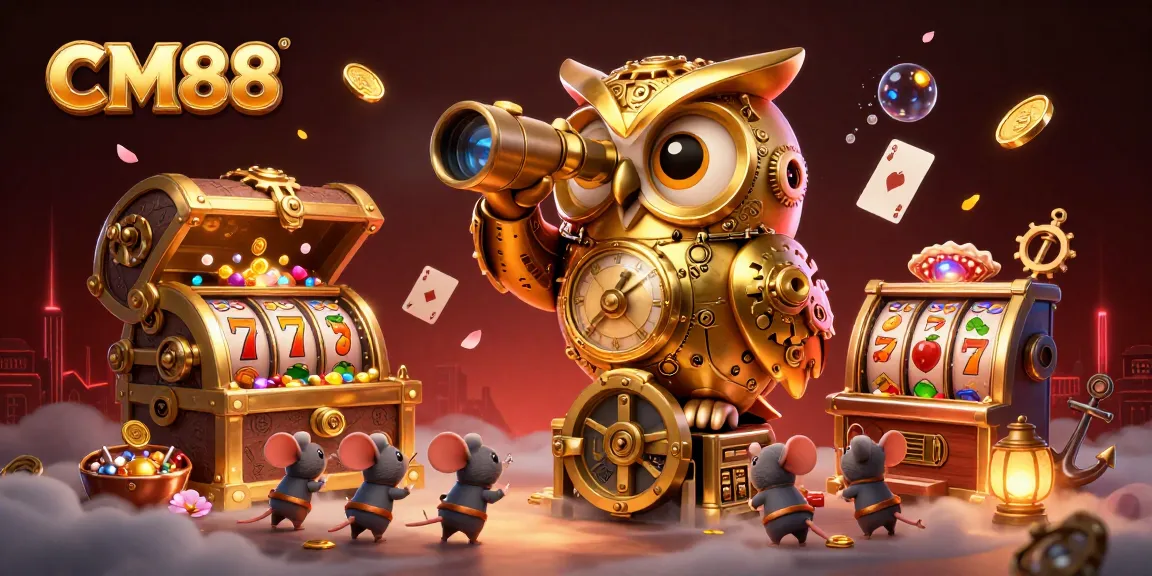 Engage with CM88's dynamic casino scene featuring a clockwork owl and brass slot machines.