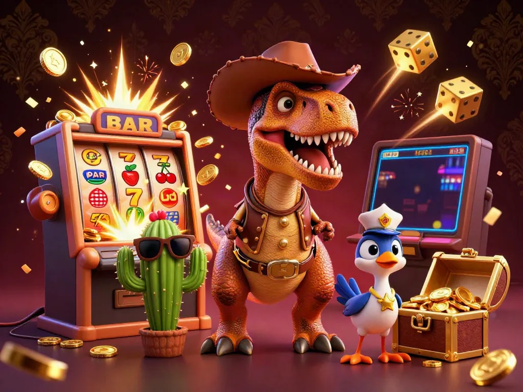 Spin the reels with free kredit slot at VION88, vibrant 3D cartoon casino scene.