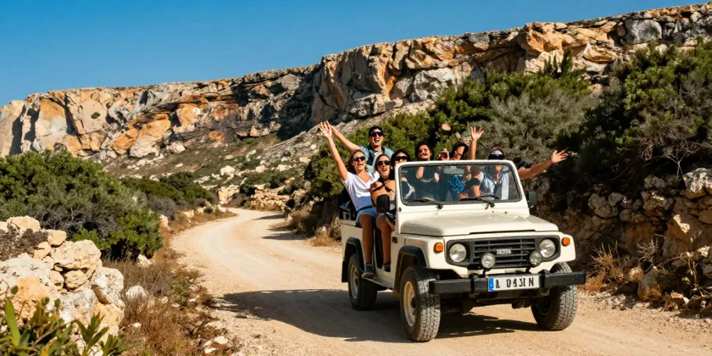 Group on a Gozo Jeep tour enjoying scenic views of the island.