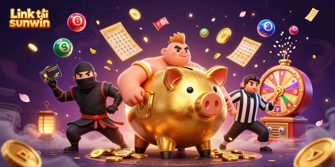 Engaging illustration of Link tải sunwin featuring a golden piggy bank sumo wrestler surrounded by vibrant casino game elements.