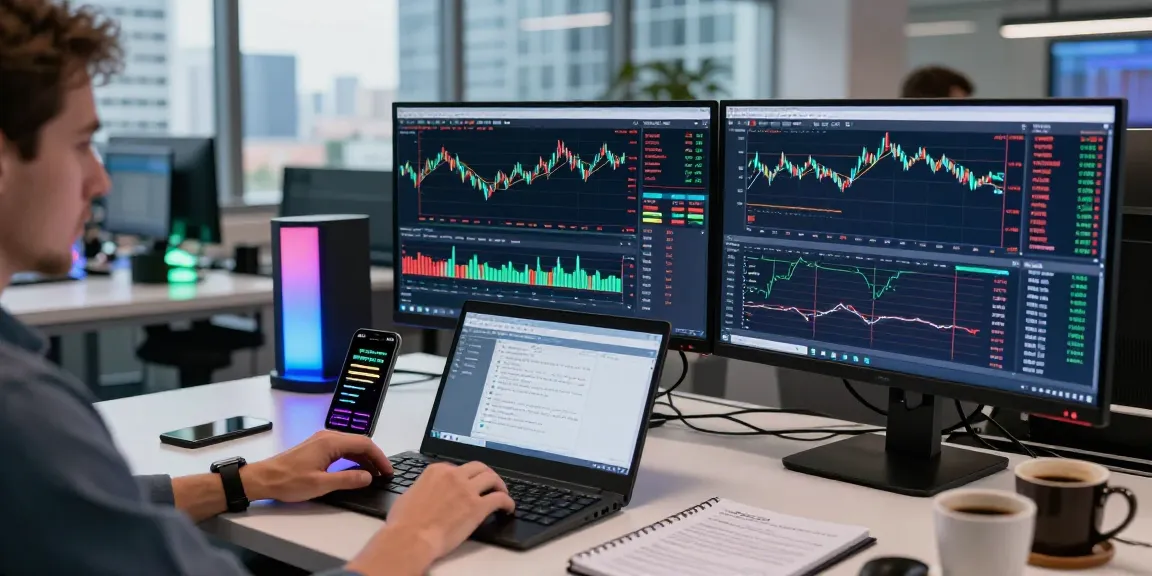 Trader using MT5 software on multiple screens in a vibrant modern office, analyzing financial markets.