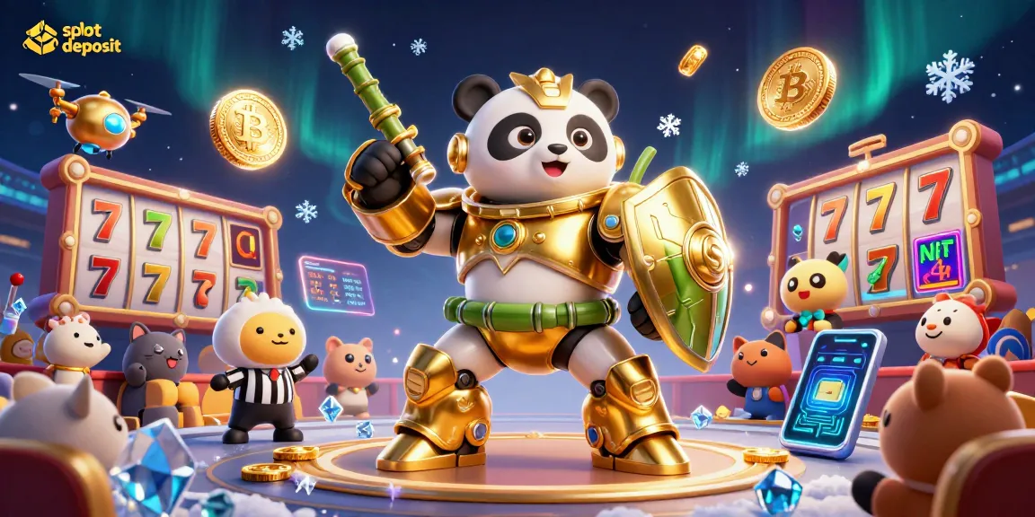Slot deposit dengan simbol jackpot dan mata uang cryptocurrency dalam ilustrasi aksi!