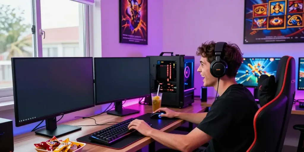 Enthusiastic gamer playing PG SLOT on a modern desktop with vibrant graphics and gaming gear.