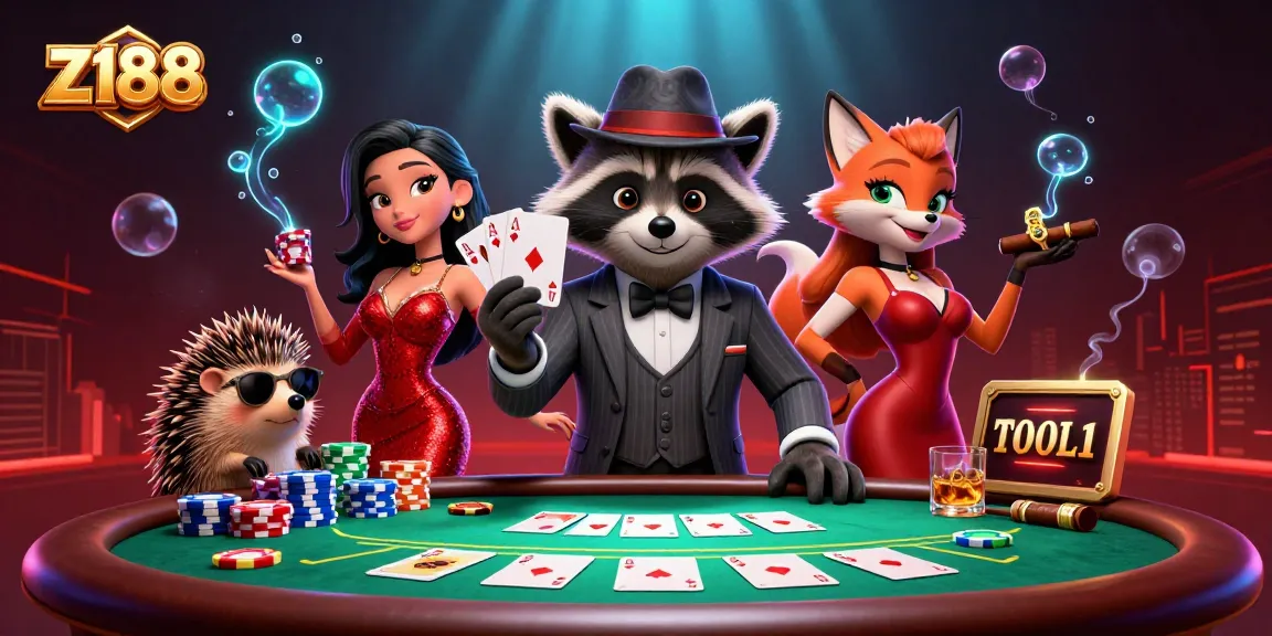Play exciting poker games at z 188 with a suave raccoon and charming fox lady amidst vibrant casino action.