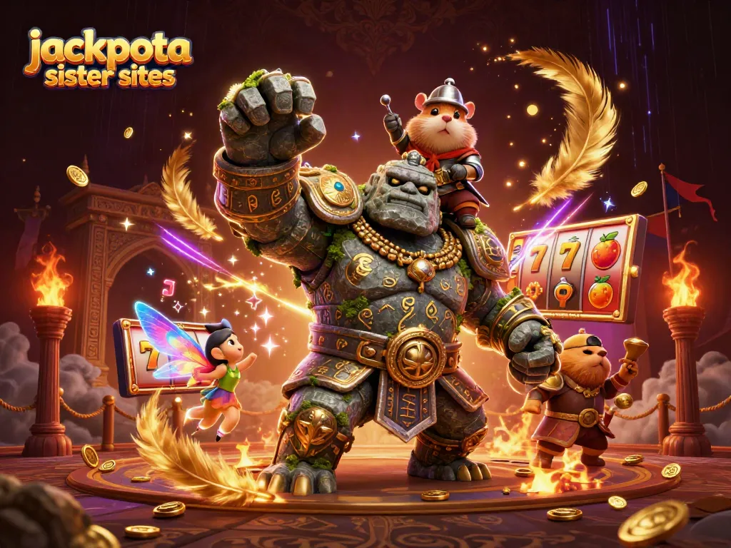 Explore jackpota sister sites through a vibrant illustration of fantasy characters and casino elements.