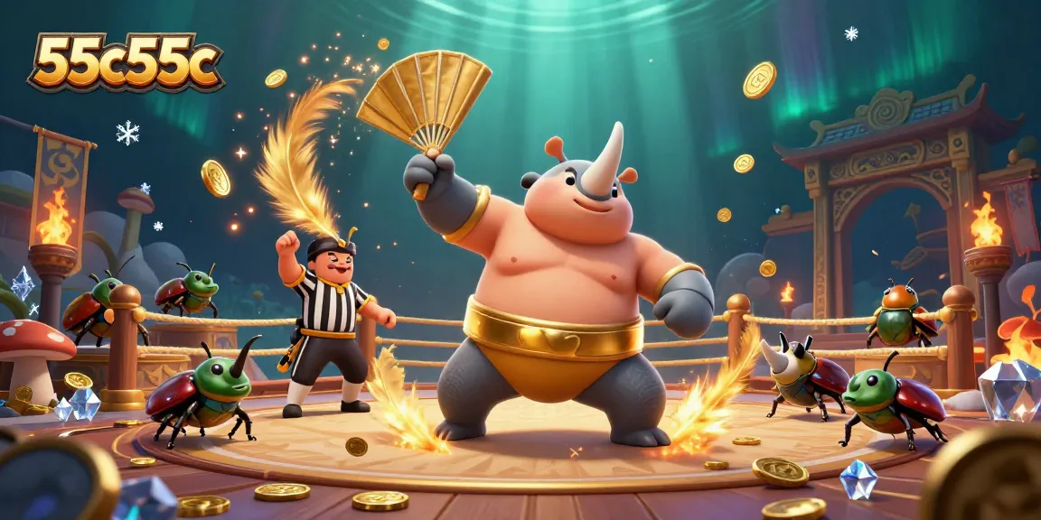 Bet big with 55c55c as the sumo champion beetle unleashes coins in a vibrant casino arena.