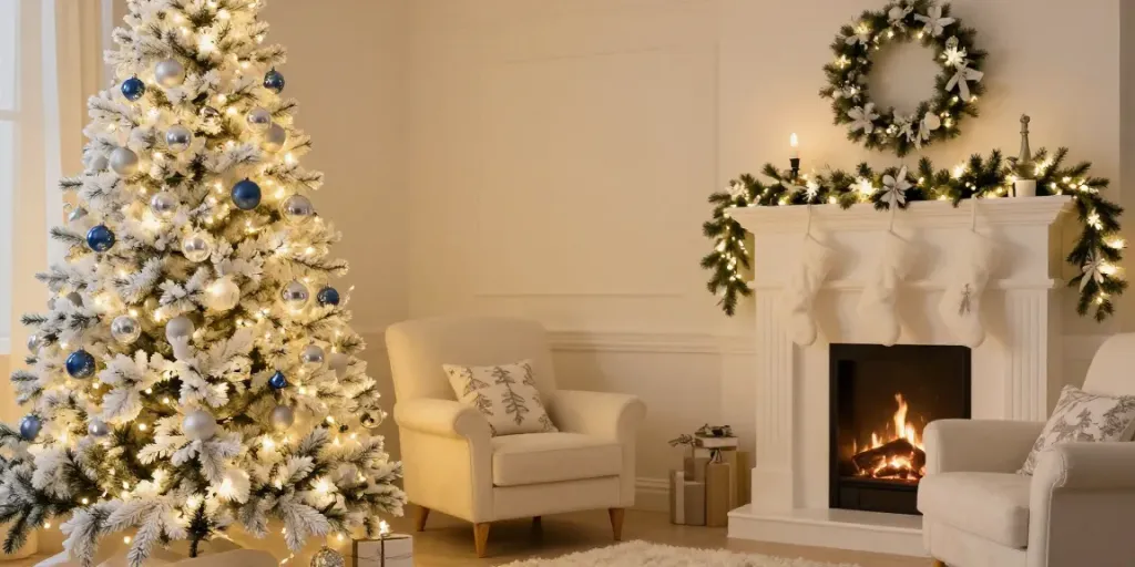 White tree xmas beautifully decorated with silver ornaments in cozy living room.
