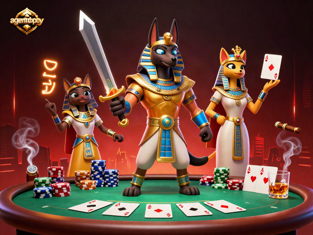 Bermain poker di agentotoplay dengan Anubis dan Bastet dalam suasana kasino yang mendebarkan.