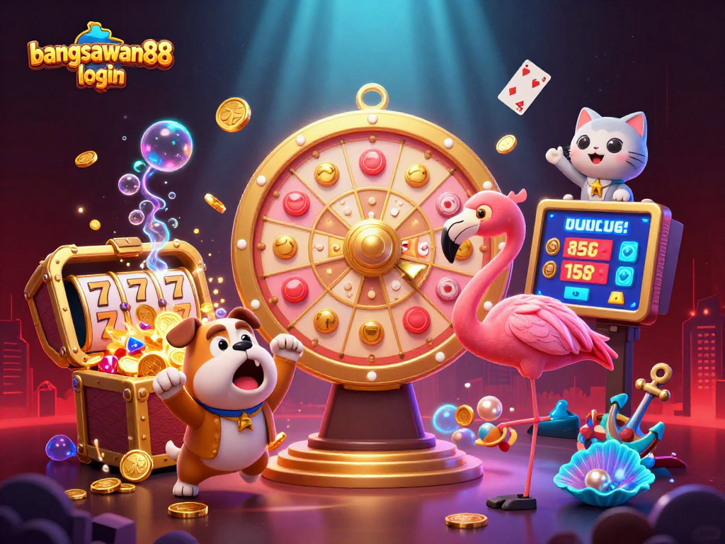 Bangsawan88 login brings luck as a flamingo host and bulldog contestant celebrate winning prizes in a vibrant casino scene.