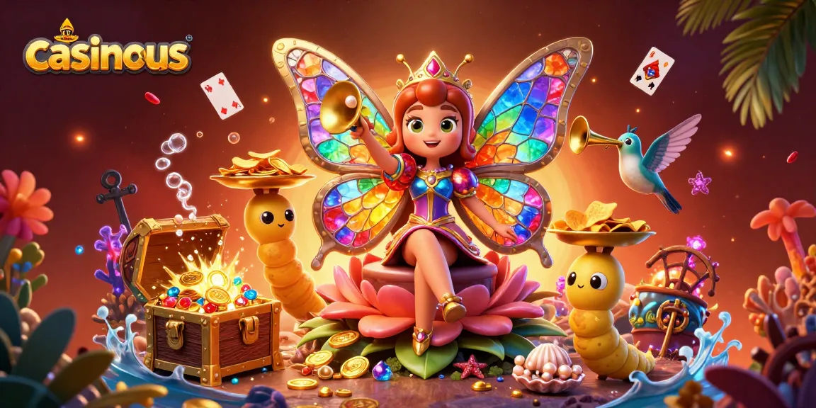 Join the magical world of casinous with a butterfly queen and vibrant casino elements.