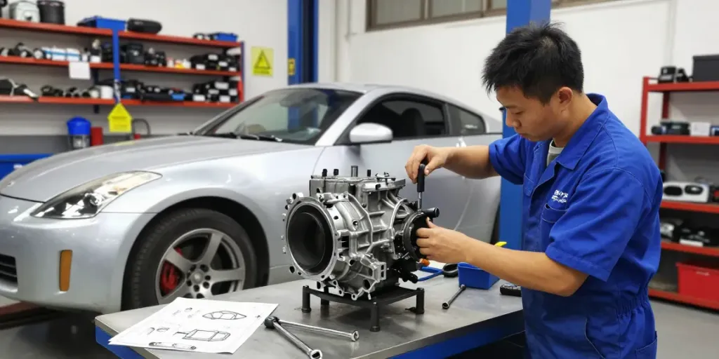 Mechanic installing CD009 transmission in a Nissan 350Z in a well-lit garage.