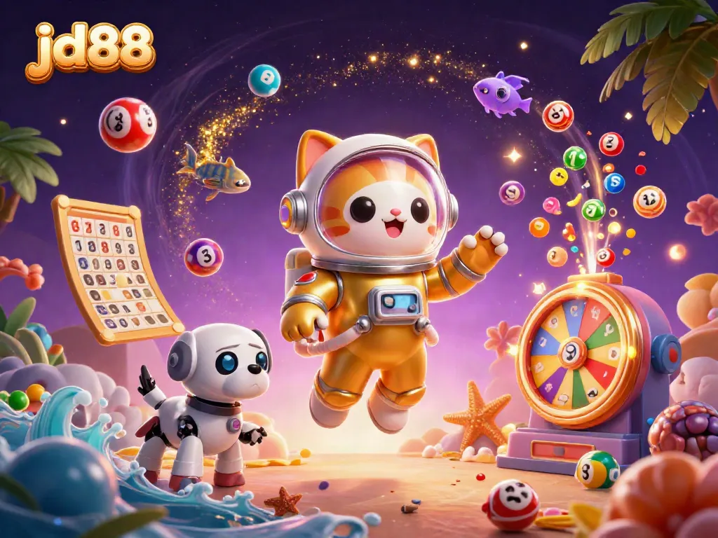 Play and win at jd88 with adventurous characters in a colorful casino scene filled with vibrant lottery and bingo elements.