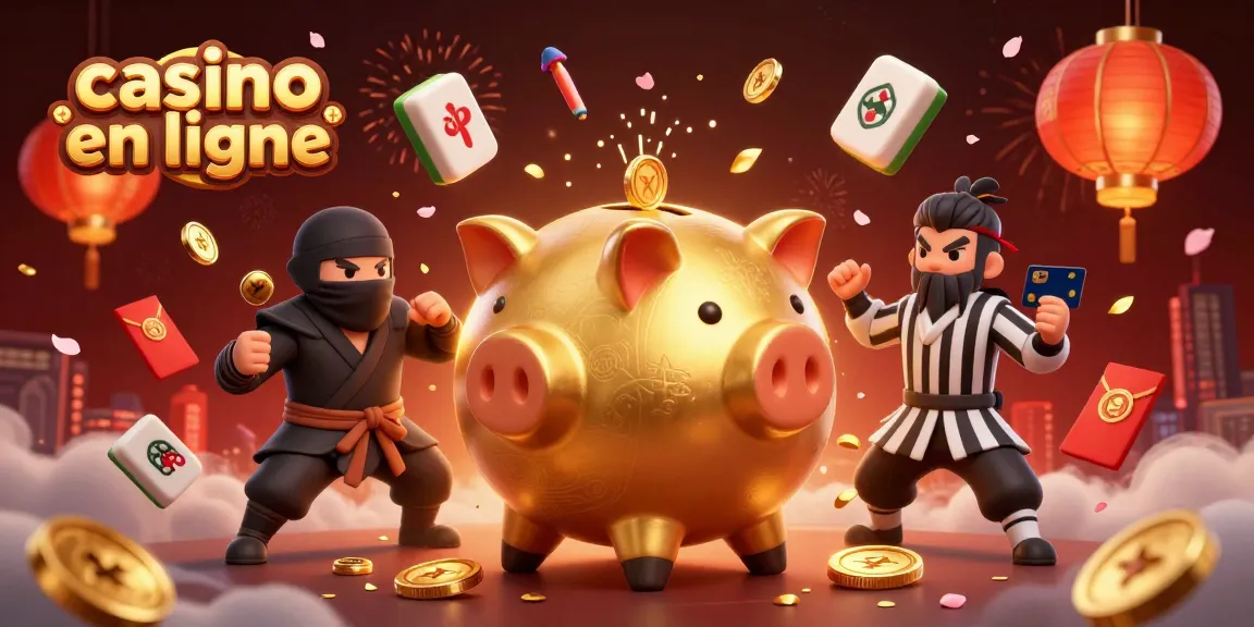 Illustration dynamique d'un casino en ligne avec un sumo, un ninja et un samouraï entourés de jackpots, réflexions dorées.