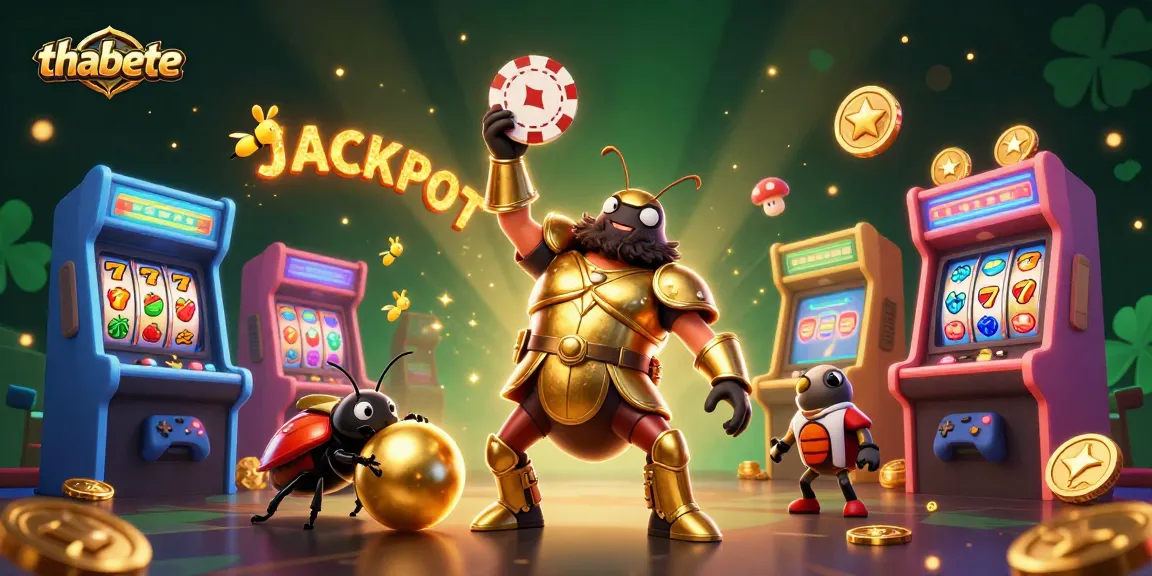 Experience thabete's jackpot thrill with a heroic beetle lifting a poker chip amid vibrant casino elements.