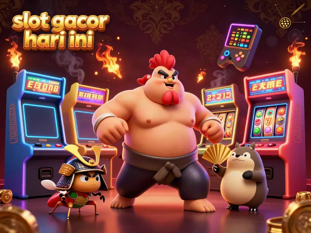 Experience the thrill of slot gacor hari ini in a vibrant 3D casino illustration with dynamic characters.