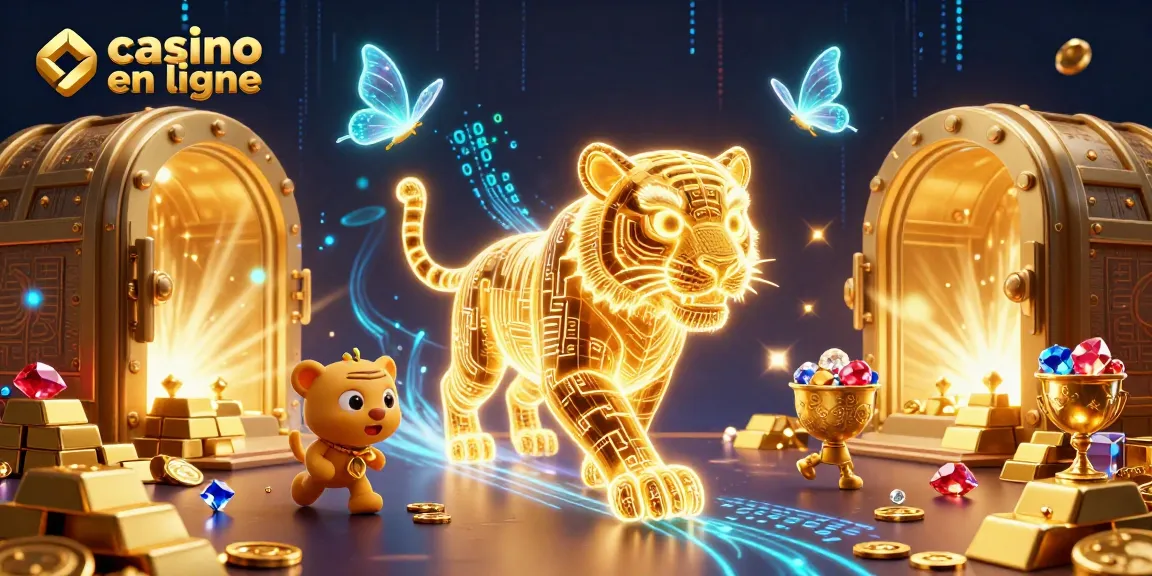 Plongez dans l'univers du casino en ligne avec un tigre d'énergie lumineuse entouré de trésors.