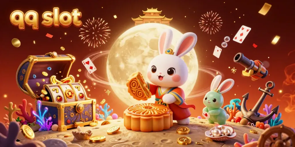 Engage with QQ slot excitement as the moon rabbit reveals treasures in a festive casino scene.