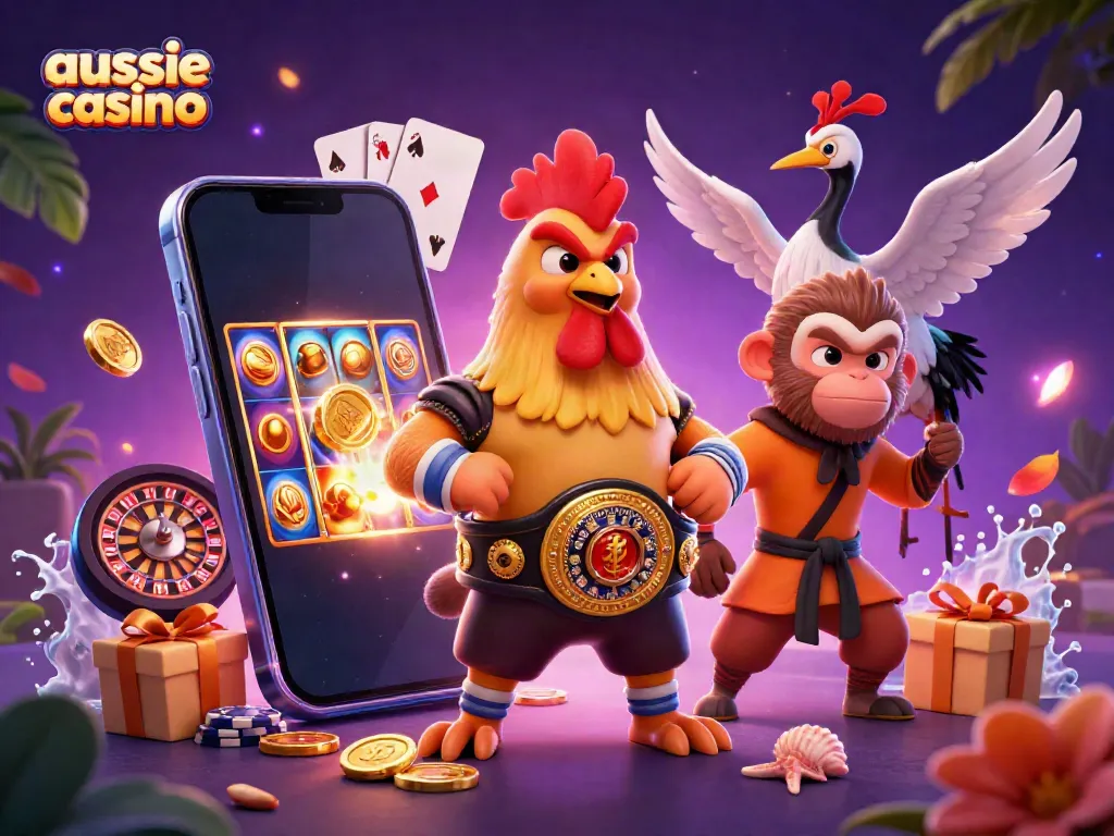 Engage in exciting gameplay at aussie casino featuring vibrant 3D characters and gaming elements.