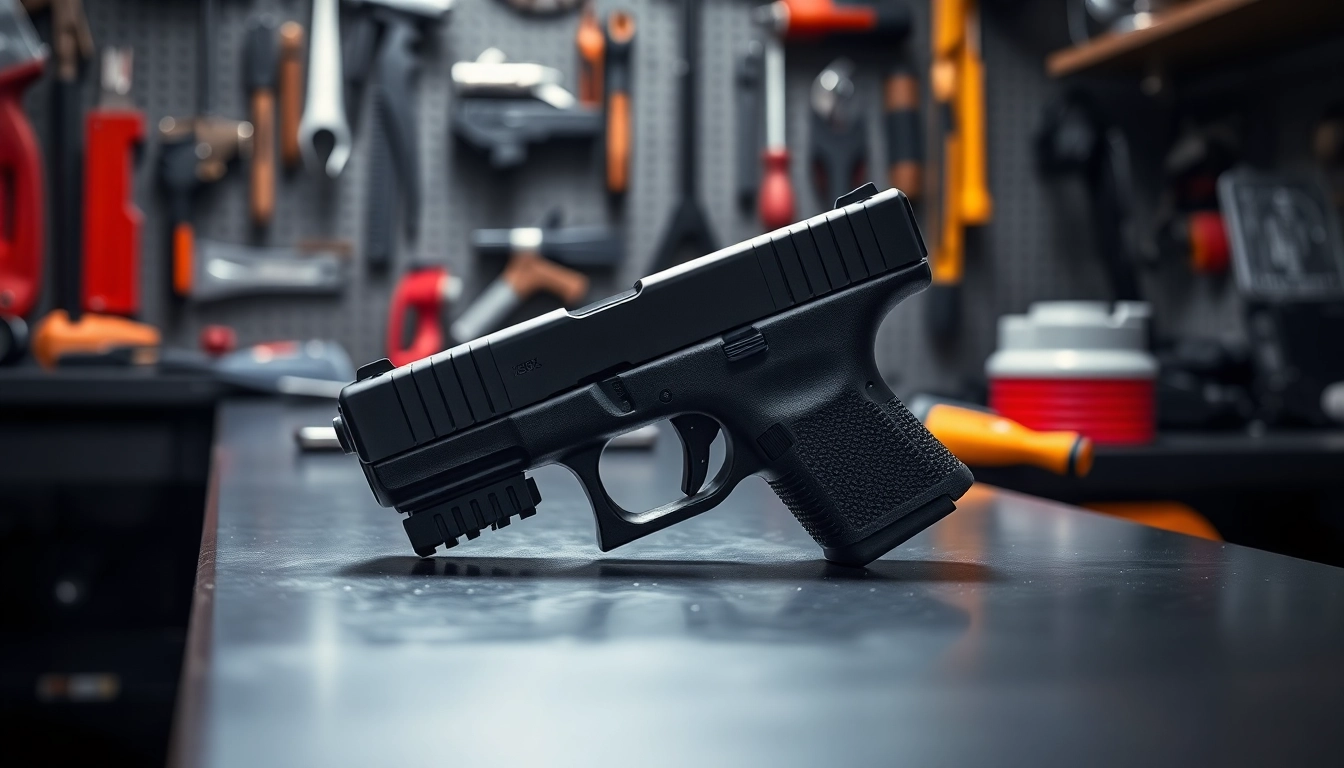 Showcasing a detailed Glock 17 slide on a modern workbench with tools and natural light.