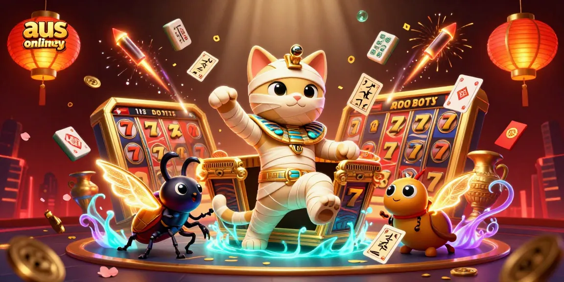 Engage with aus online pokies through a vibrant 3D illustration of a mummy cat and scarab beetle in a casino.