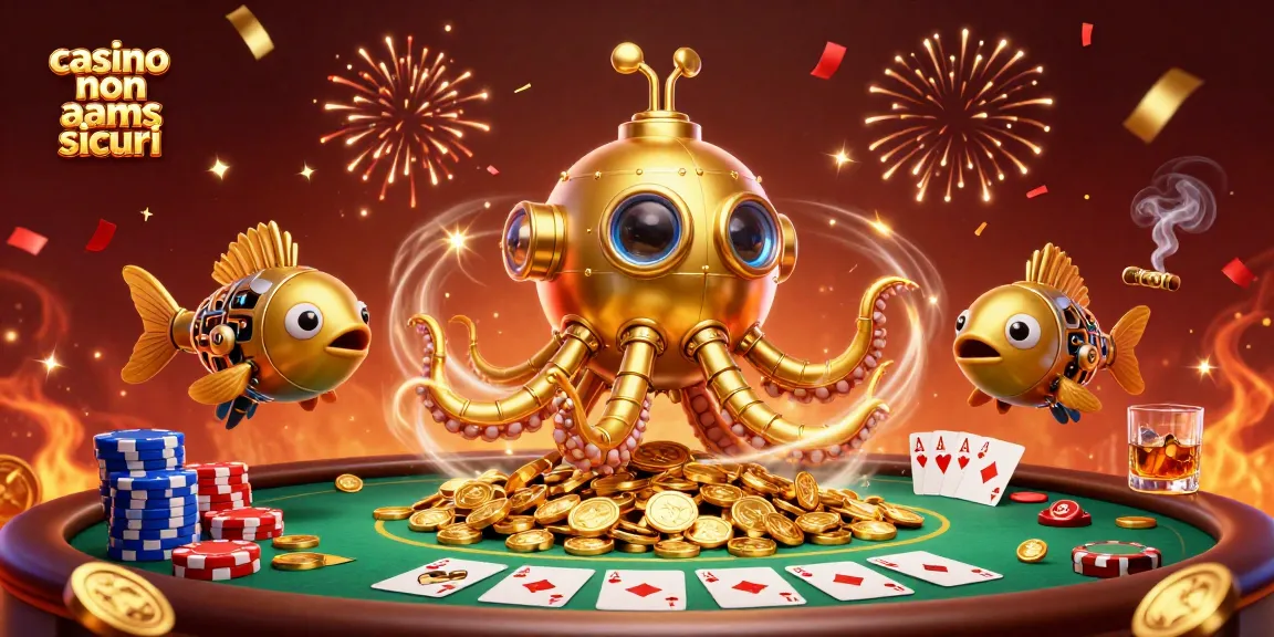 Giochi emozionanti nei casinò non AAMS sicuri con tavoli da poker e monete d'oro.