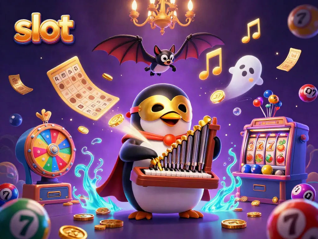 Engaging 3D illustration of a phantom opera penguin playing a pipe organ with slot game elements, vibrant and dynamic.