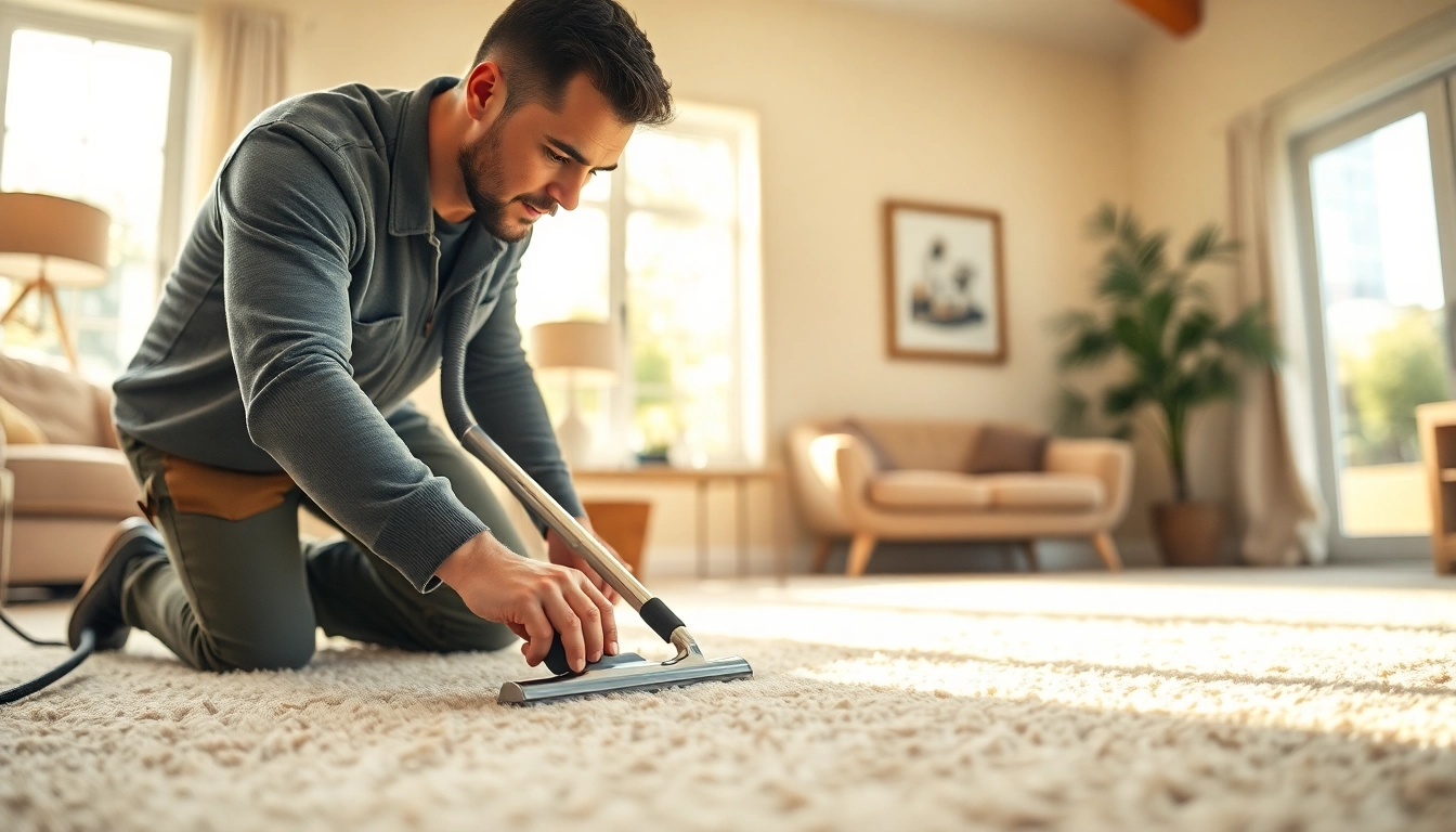 Veteran owned carpet cleaning California technician expertly cleaning a plush carpet in a bright home.