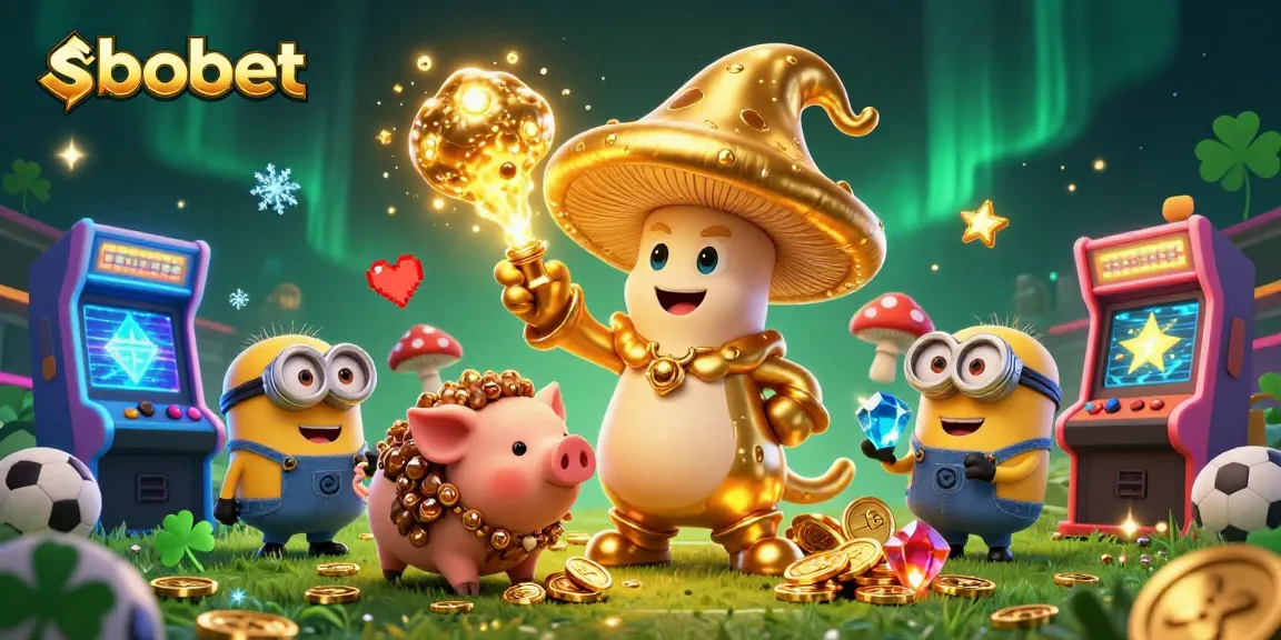 SBOBET unveiled in a vibrant scene with a golden mushroom wizard, with game elements enhancing sports betting excitement.