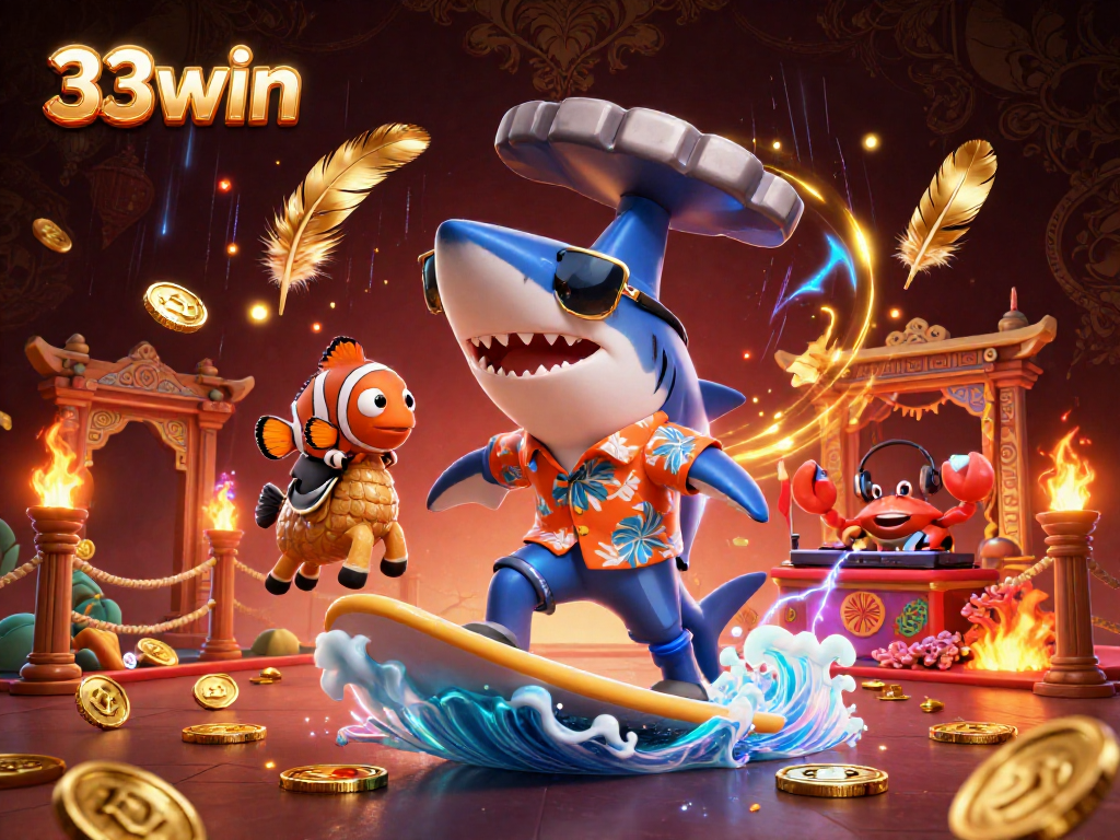 Engage in thrilling games at 33win with a vibrant 3D casino scene featuring unique characters.