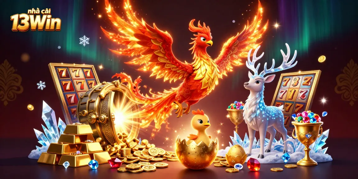 Experience excitement with nhà cái 13Win as a fire phoenix and symbols of fortune emerge in a vibrant casino.