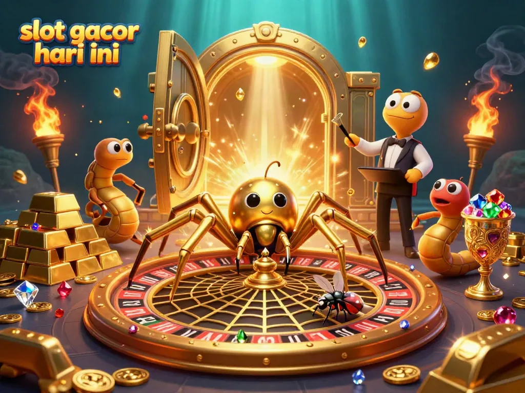 A golden spider spins a roulette wheel web as a fly bets nervously in a stunning scene of slot gacor hari ini.