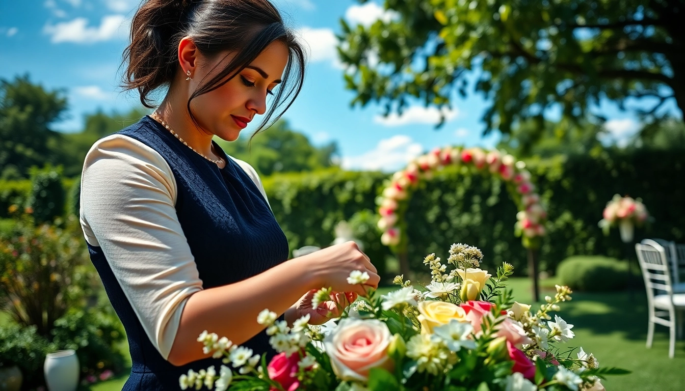 Washington dc wedding coordinator arranging flowers in a picturesque garden setting.