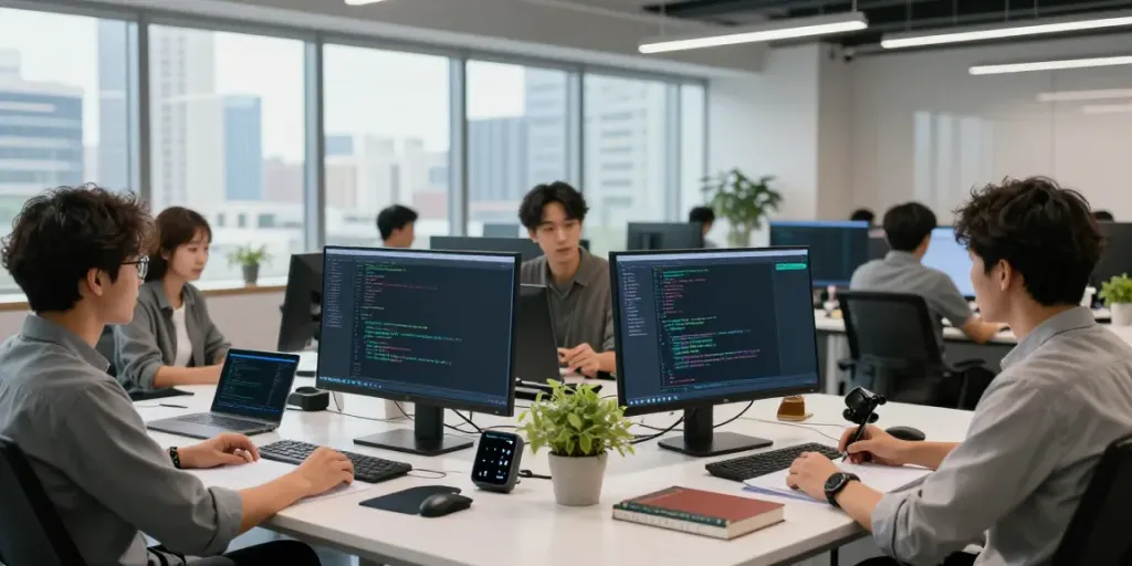 Developers collaborating on GPU computing projects in a modern office.
