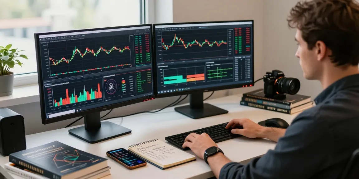 在TradingView官网上，交易者在多个显示器前分析股票和加密货币市场，展示专业交易环境。