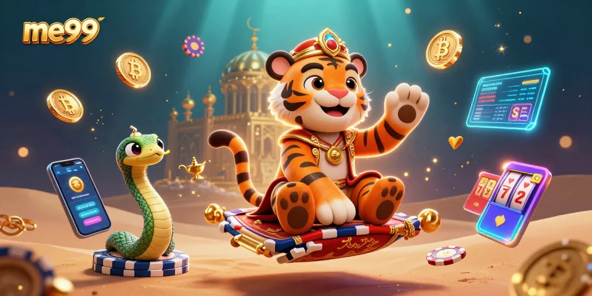 Experience the thrill of me99 with a vibrant 3D casino scene featuring slots and crypto elements.