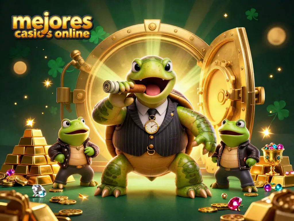 Ilustración de los mejores casinos online, una tortuga y ranas en un casino con luces y joyas brillantes.