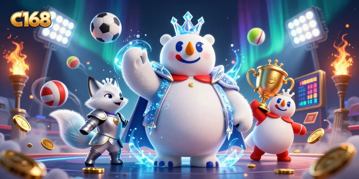 C168 showcases dynamic sports betting excitement with a polar bear king and snow fox in a rich 3D scene.