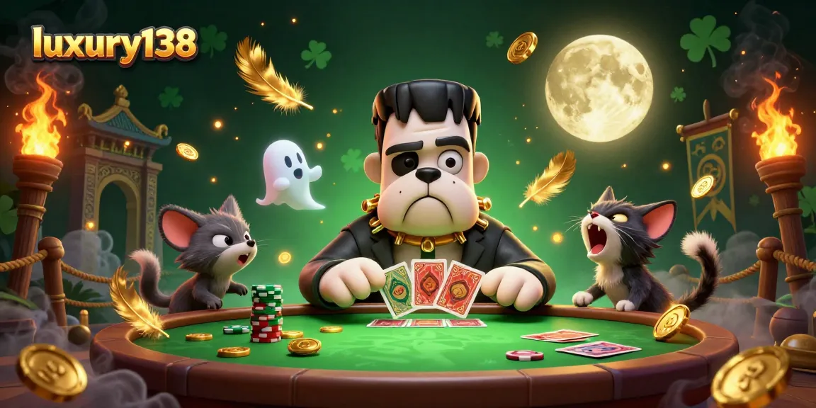 luxury138 menampilkan bulldog Frankenstein dan kucing werewolf bermain kartu di meja kasino