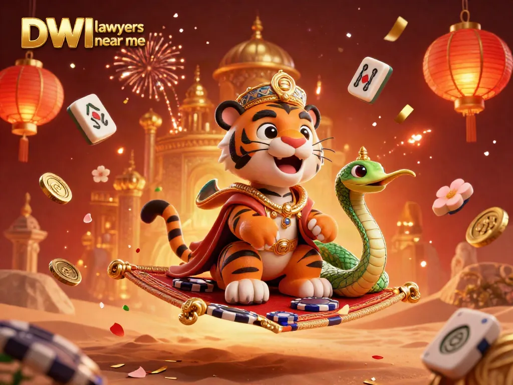 Engage with "DWI lawyers near me" in a vibrant 3D casino illustration showcasing a tiger sultan and magical elements.