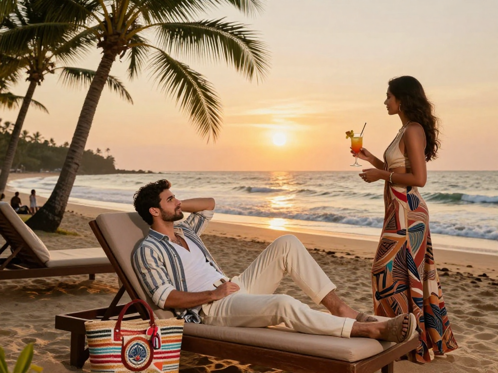 Enjoy a premium escort service in Goa by the beach during sunset, featuring a beautiful escort and a relaxing atmosphere.