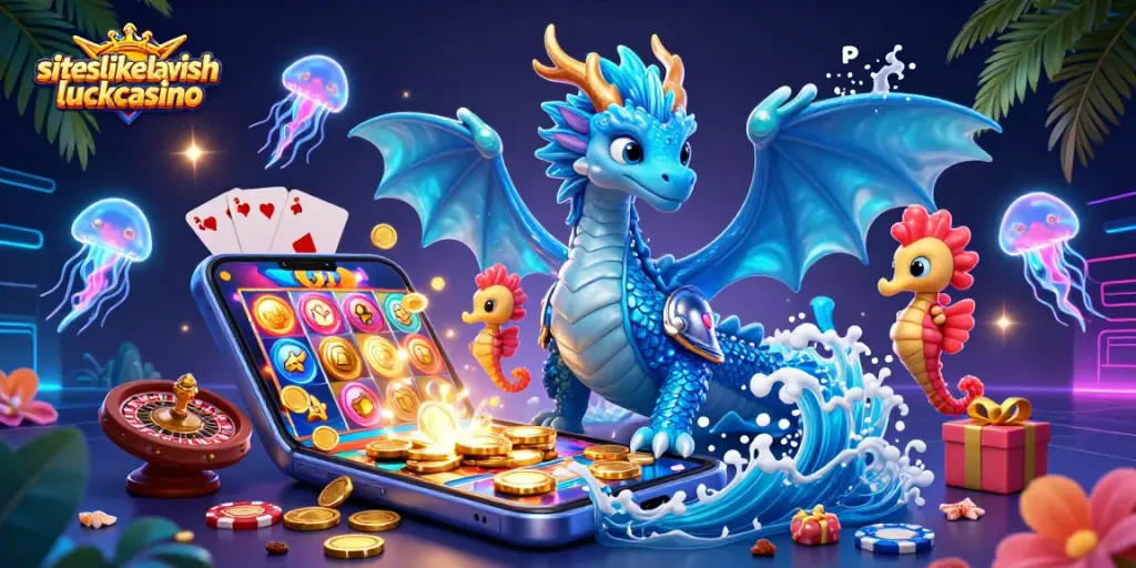 Engage with siteslikelavishluckcasino through an ultra-detailed 3D casino scene featuring vibrant characters and dynamic game elements.